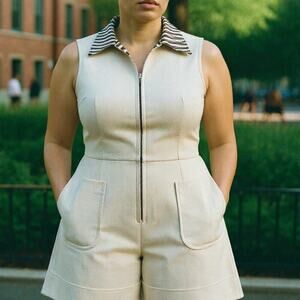 Vintage Cream Sleeveless Jumpsuit with Striped Collar